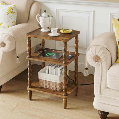 Compact space-saving rustic end table fitted perfectly between two cozy cream sofas in a modern living room.
