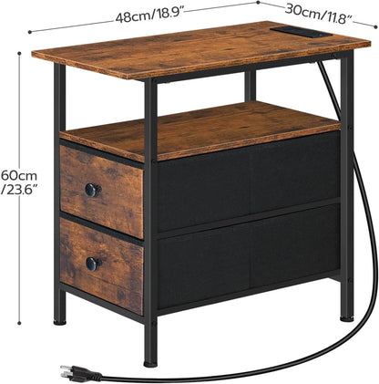 Wooden desk with two drawers and dimensions displayed