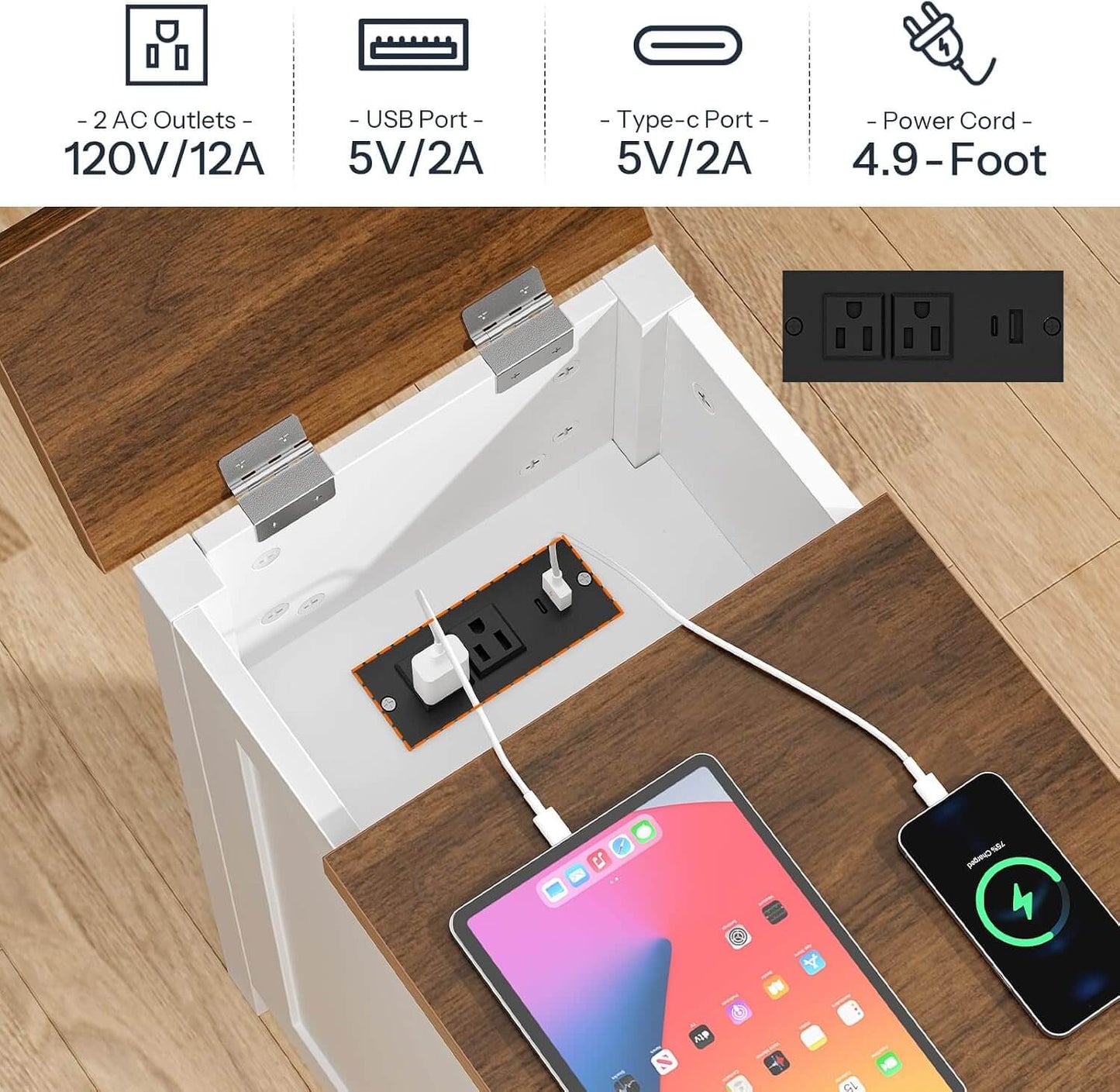 HOOBRO End Table with Charging Station, Farmhouse End Table with Drawer, Slim Nightstand for Living Room, Storage Cabinet, Narrow Side Table for Bedroom, Office, Walnut and White