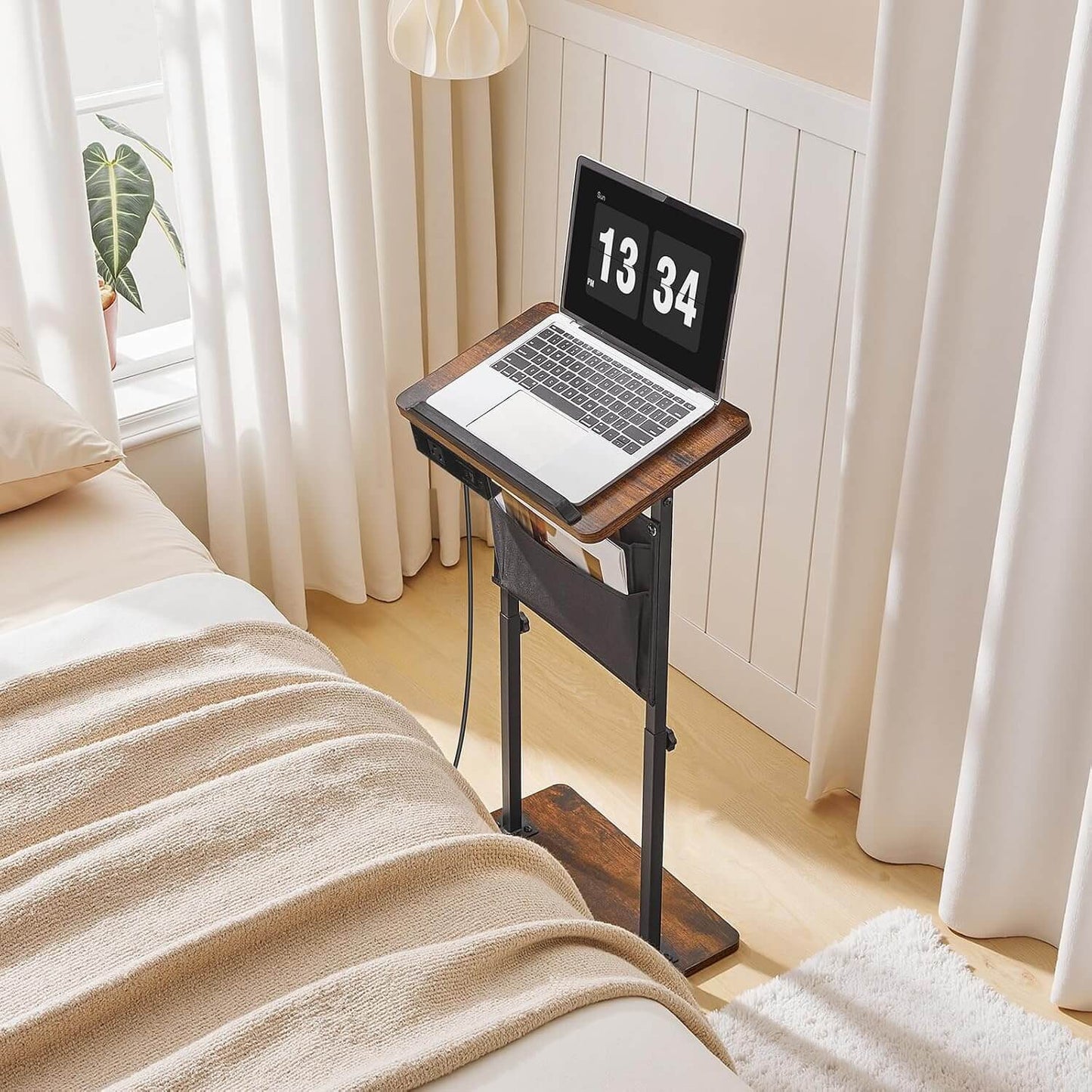 HOOBRO Side Table, Narrow End Table with Charging Station, Height Adjustable Side Table