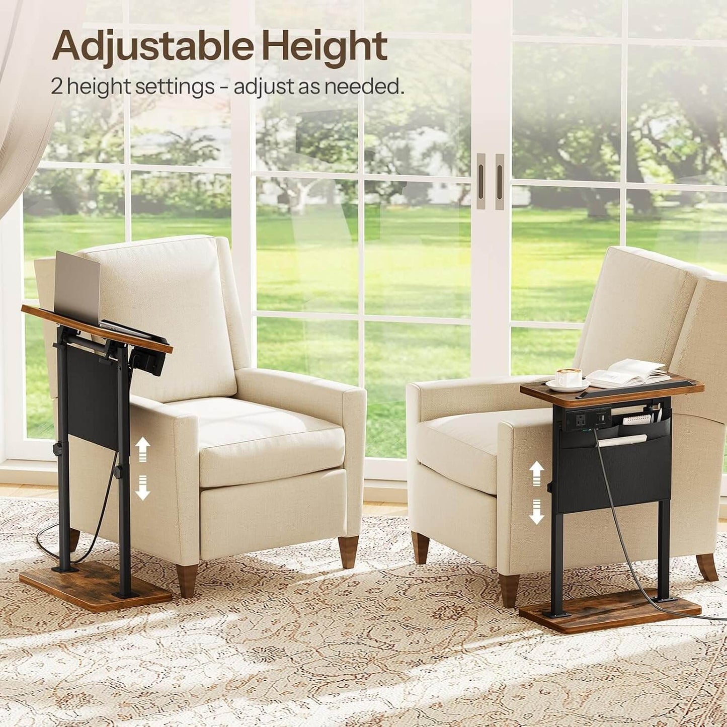 HOOBRO Side Table, Narrow End Table with Charging Station, Height Adjustable Side Table