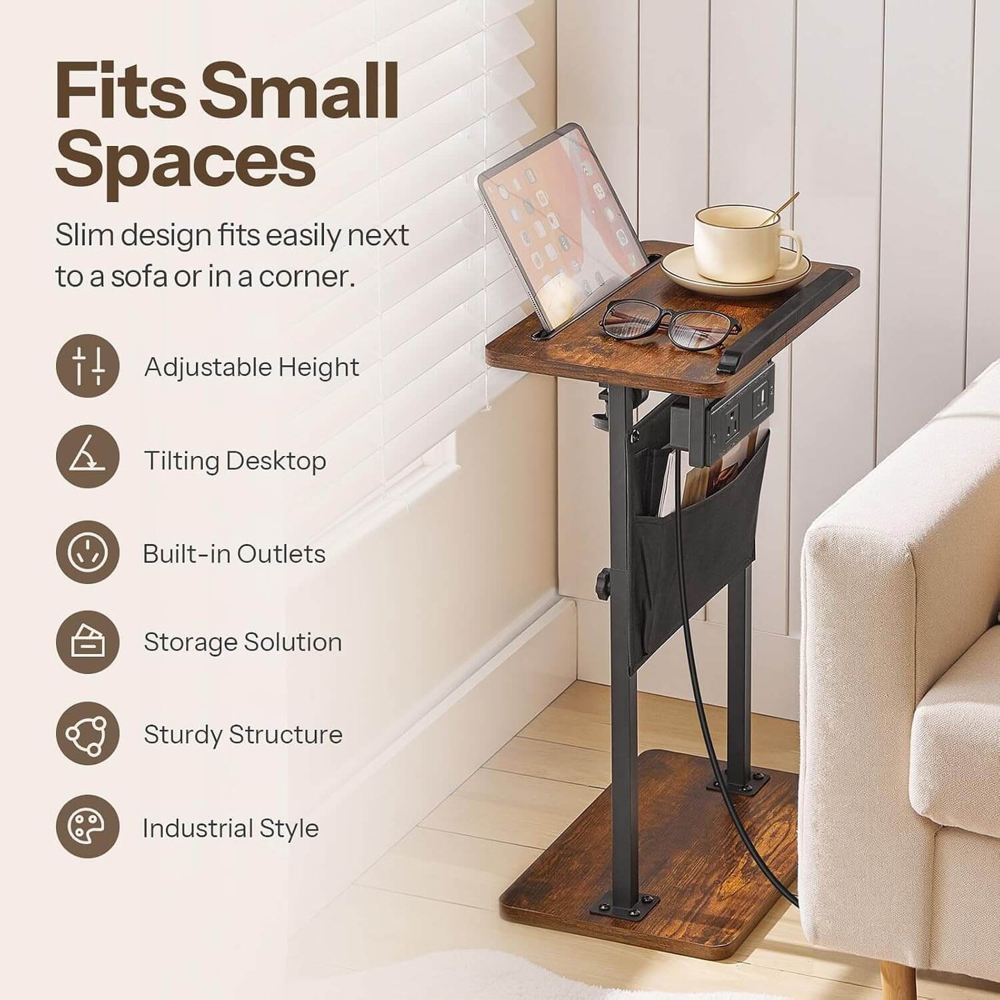 HOOBRO Side Table, Narrow End Table with Charging Station, Height Adjustable Side Table