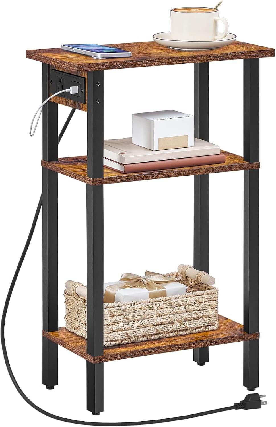 HOOBRO Narrow Side Table, 3-Tier Slim End Table with Charging Station, Skinny Nightstand with Open Storage, for Small Spaces, Living Room, Bedroom, Study, Rustic Brown and Black