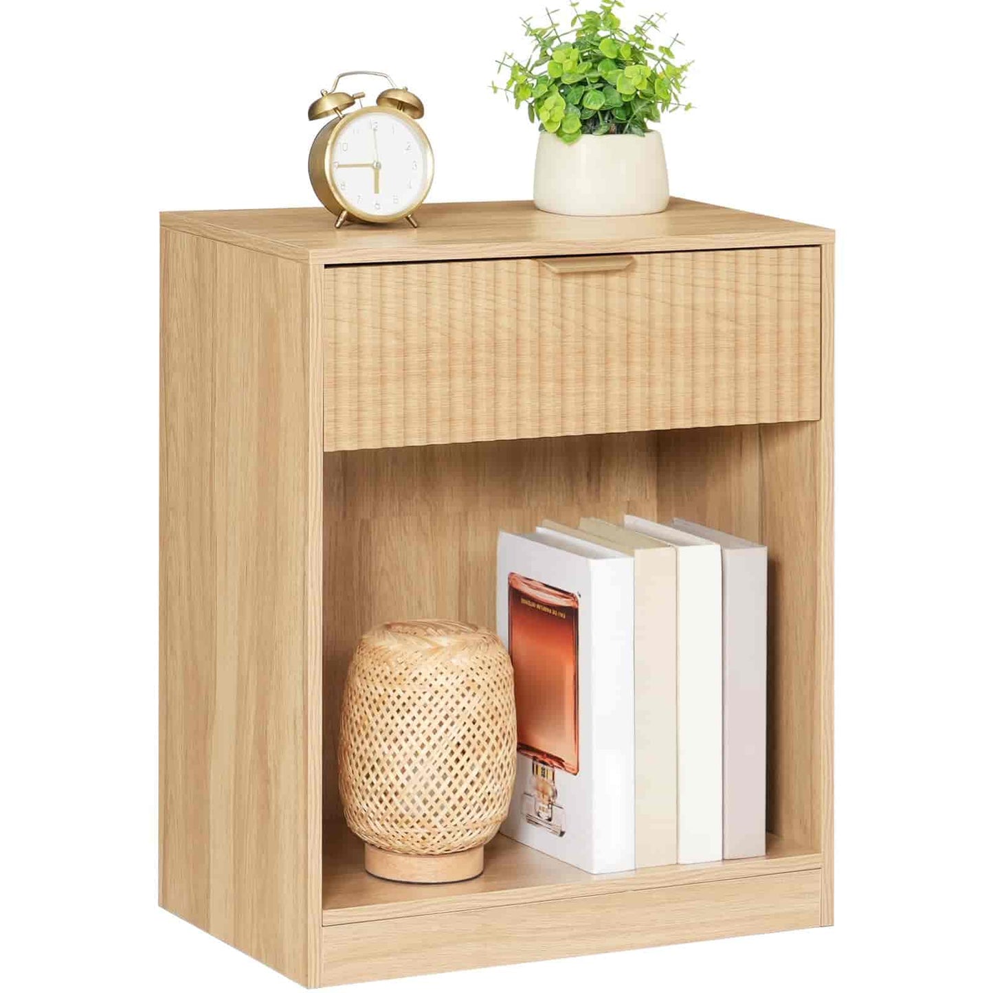Wooden side table with a lamp, books, and plant on a white background