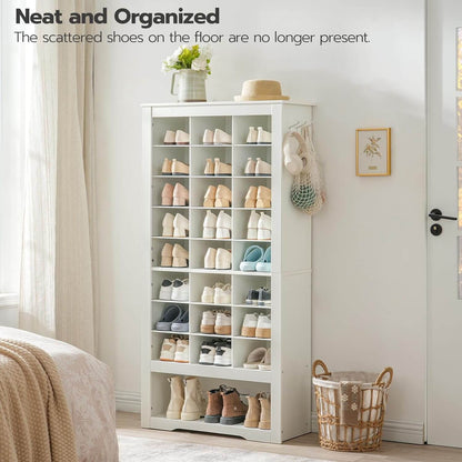 Neat and organized white shoe bookcase cabinet blending beautifully into a bedroom corner wall.