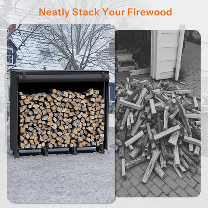 Before and after comparison showing a messy pile of wood turned into neatly stacked firewood using the log organizer.