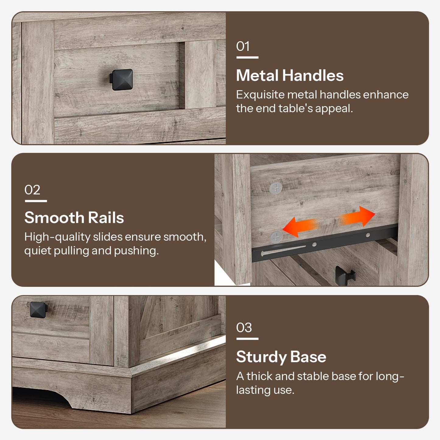 Three panel collage showing the matte black metal handles, smooth metal drawer slides, and sturdy solid base trim.