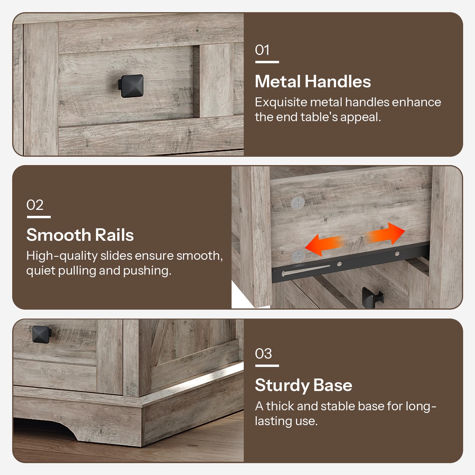 Three panel collage showing the matte black metal handles, smooth metal drawer slides, and sturdy solid base trim.