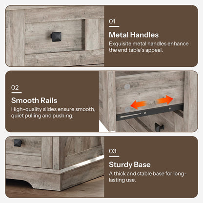 Three panel collage showing the matte black metal handles, smooth metal drawer slides, and sturdy solid base trim.
