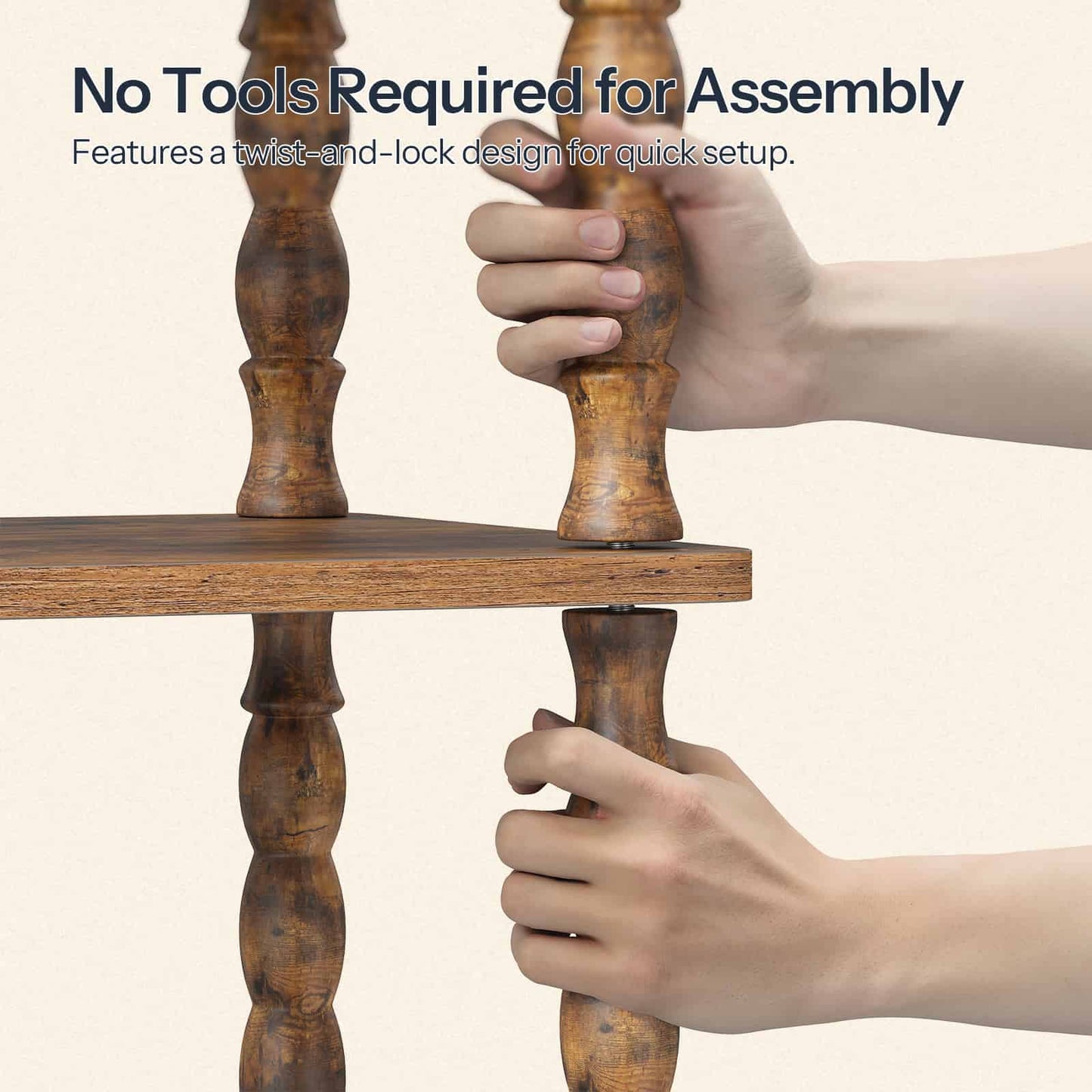 Close-up showing hands easily twisting and assembling the elegant fluted turned column legs without using any tools.