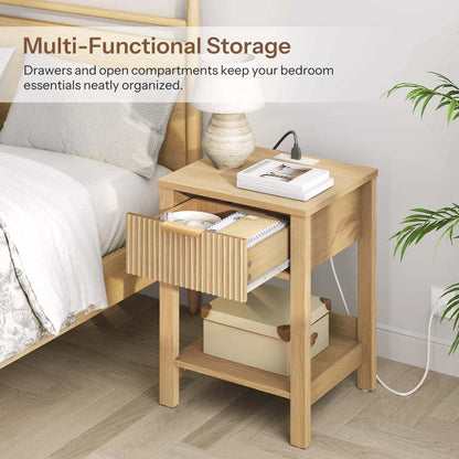 Wooden nightstand with drawers and open compartments in a bedroom setting.