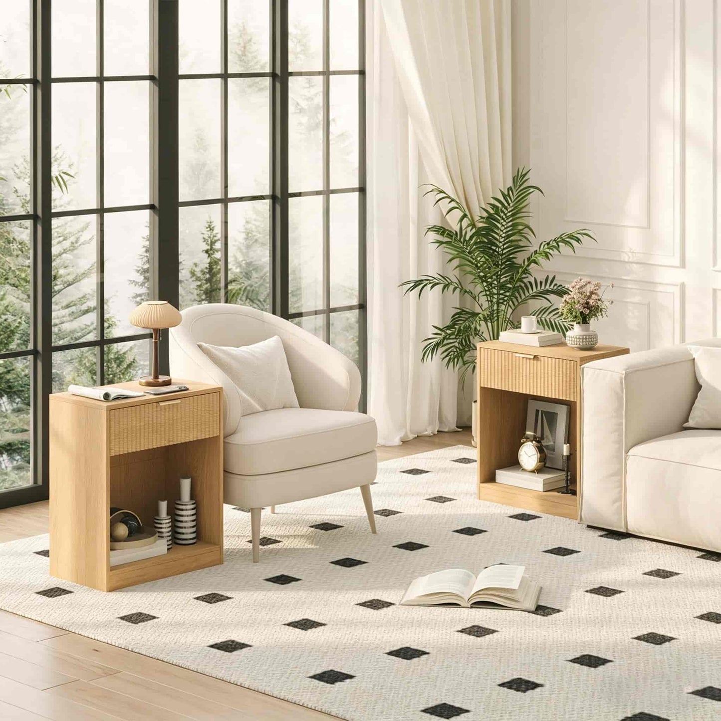 Modern living room with a white armchair, coffee table, and decorative elements.