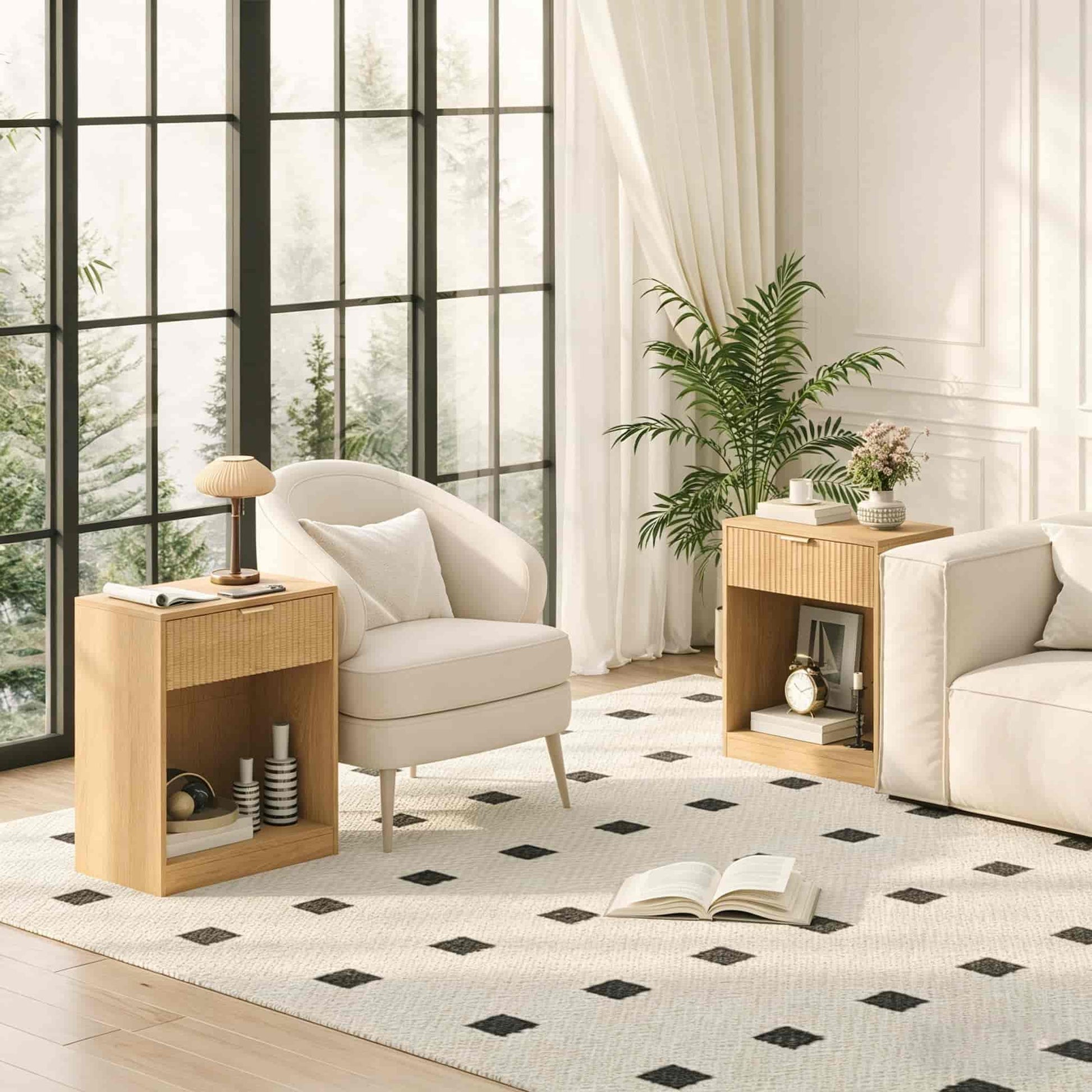 Modern living room with a white armchair, coffee table, and decorative elements.