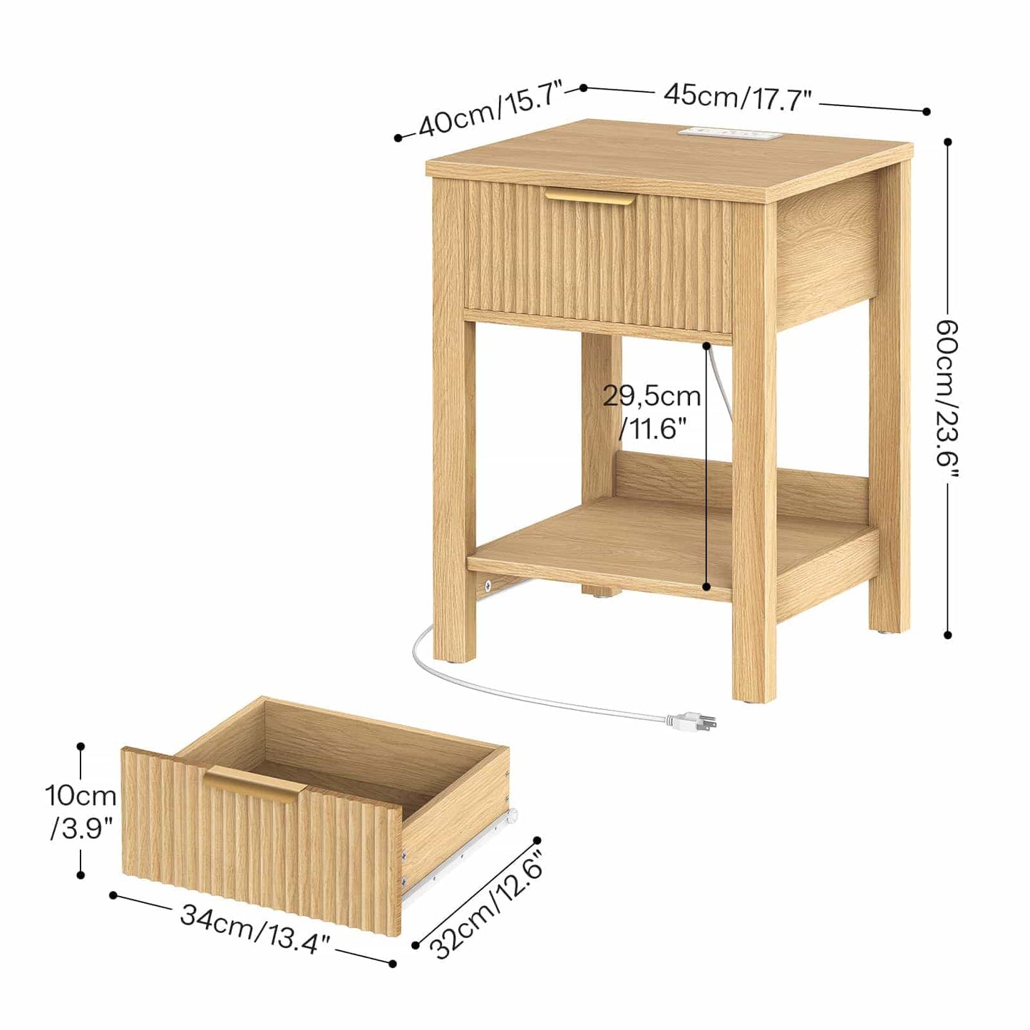 Wooden nightstand with dimensions labeled on a white background