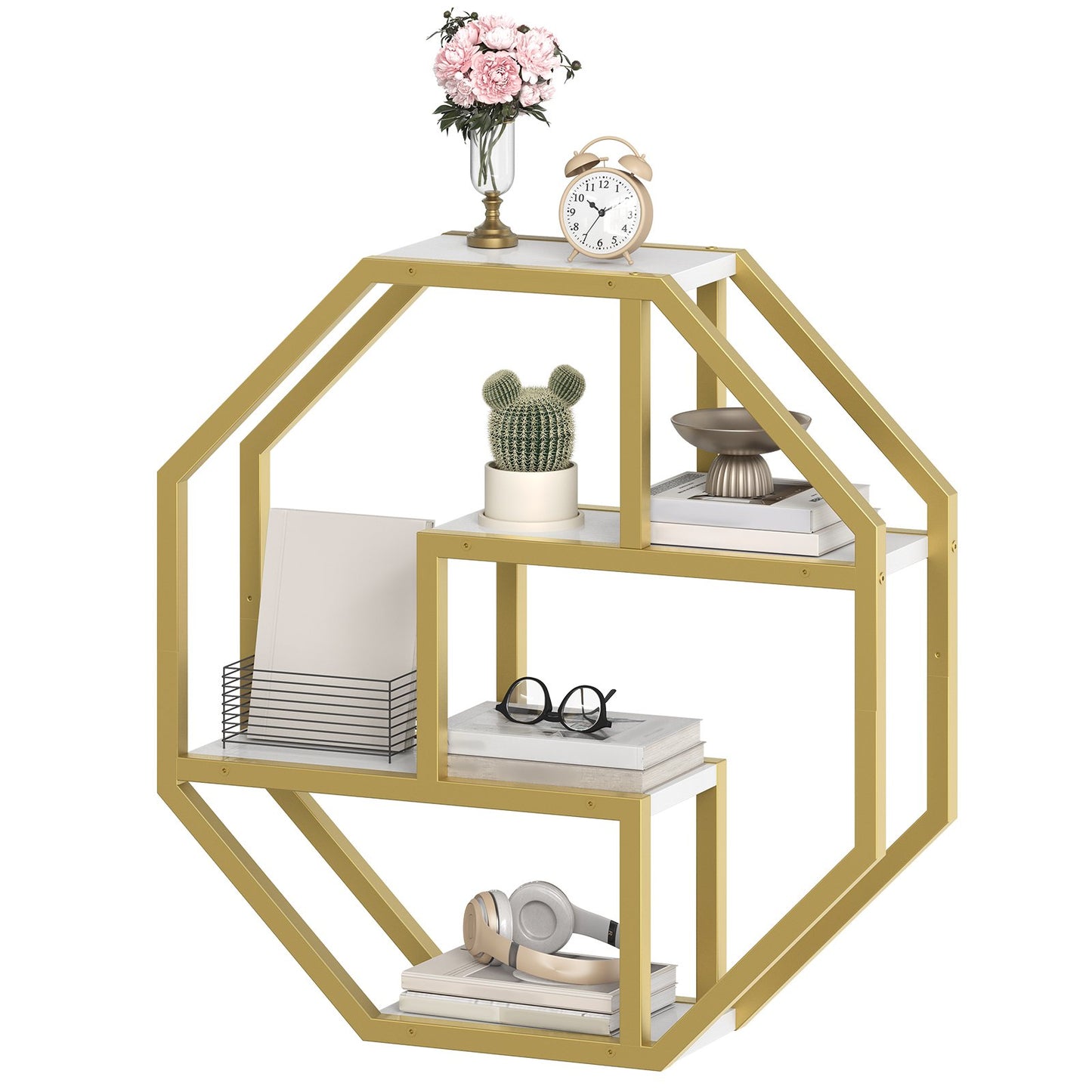 Gold octagon geometric floating wall shelf with white faux marble tiers holding books, headphones, and a clock.