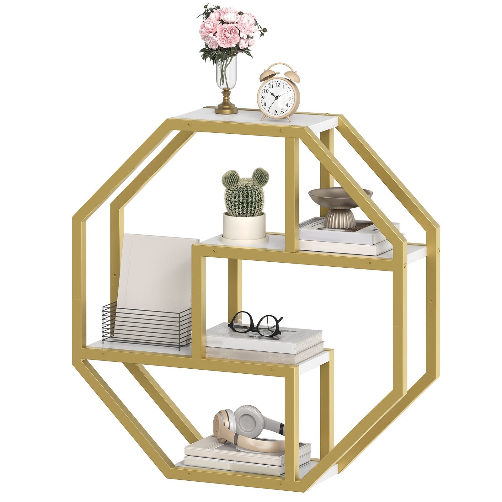 Gold octagon geometric floating wall shelf with white faux marble tiers holding books, headphones, and a clock.