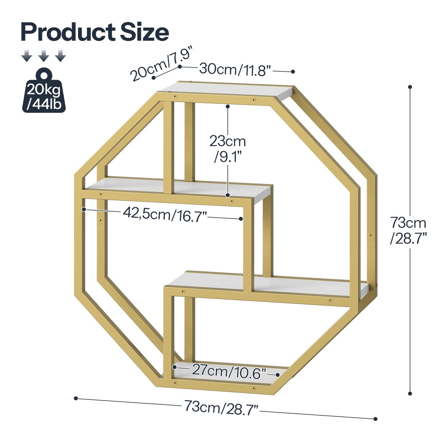 Size dimensions chart and maximum weight load capacity diagram for the gold octagon wall shelf.