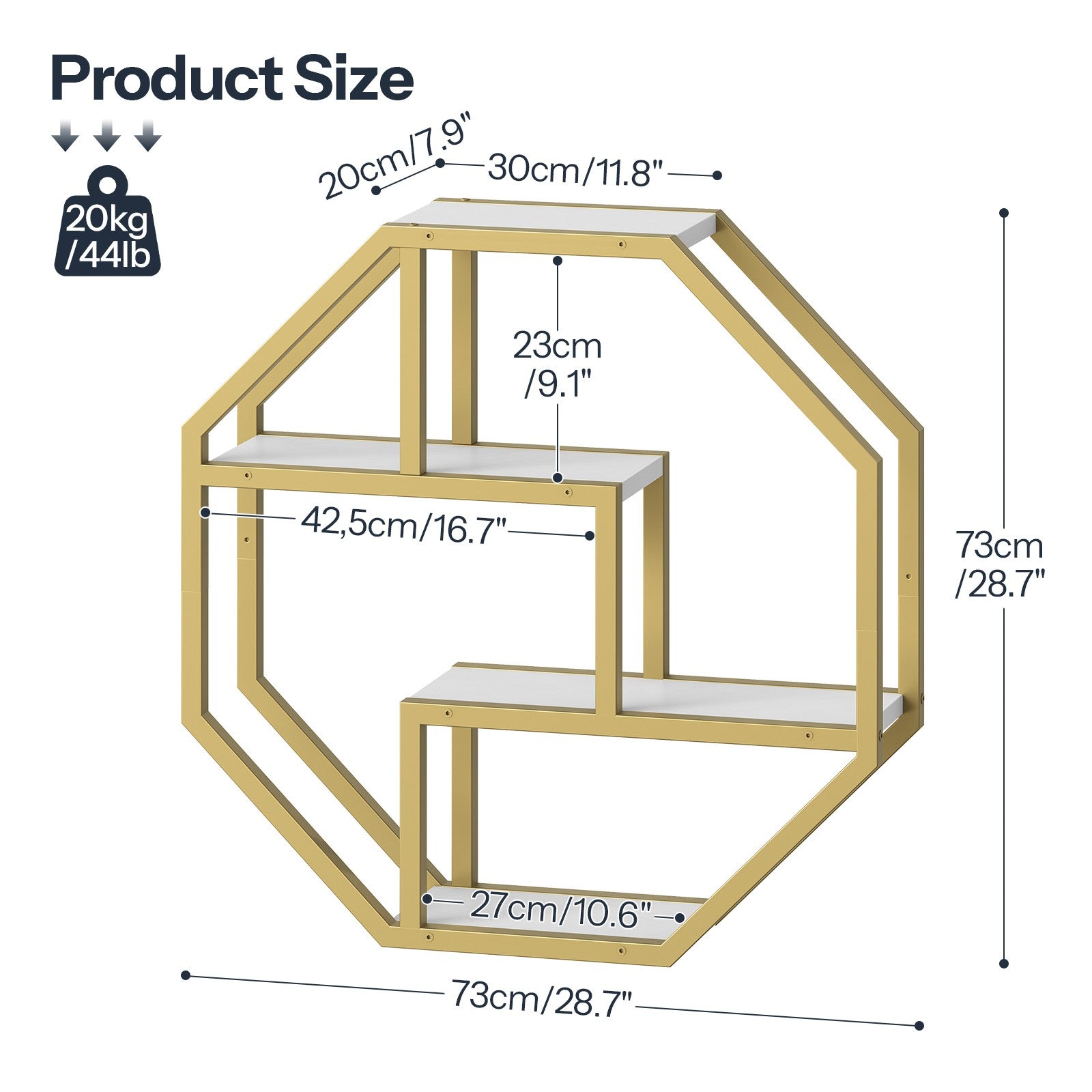 Size dimensions chart and maximum weight load capacity diagram for the gold octagon wall shelf.