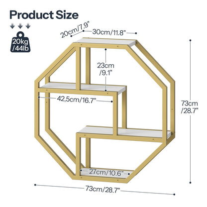 Size dimensions chart and maximum weight load capacity diagram for the gold octagon wall shelf.