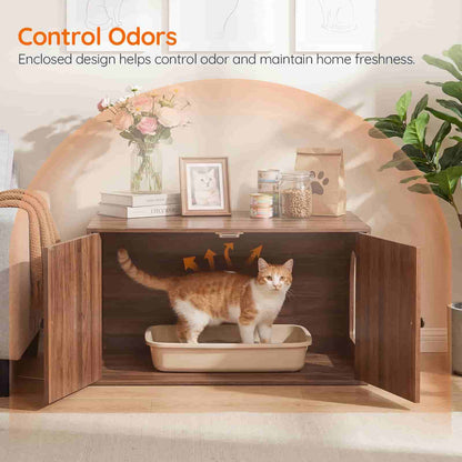 Open view of the hidden cat litter box furniture showing a cat inside the litter pan, highlighting odor control features.