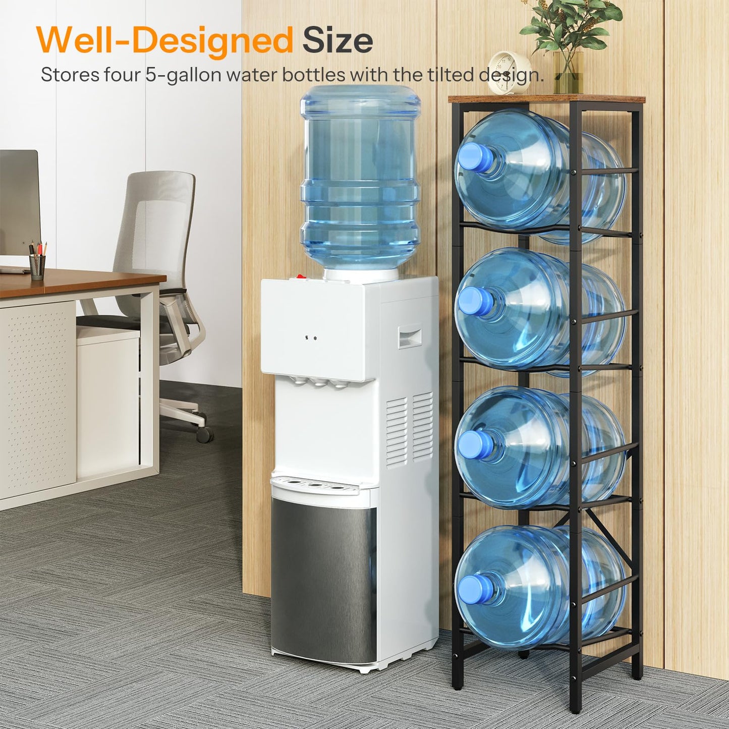 Office water bottle storage rack organizer placed in a breakroom next to a water cooler.