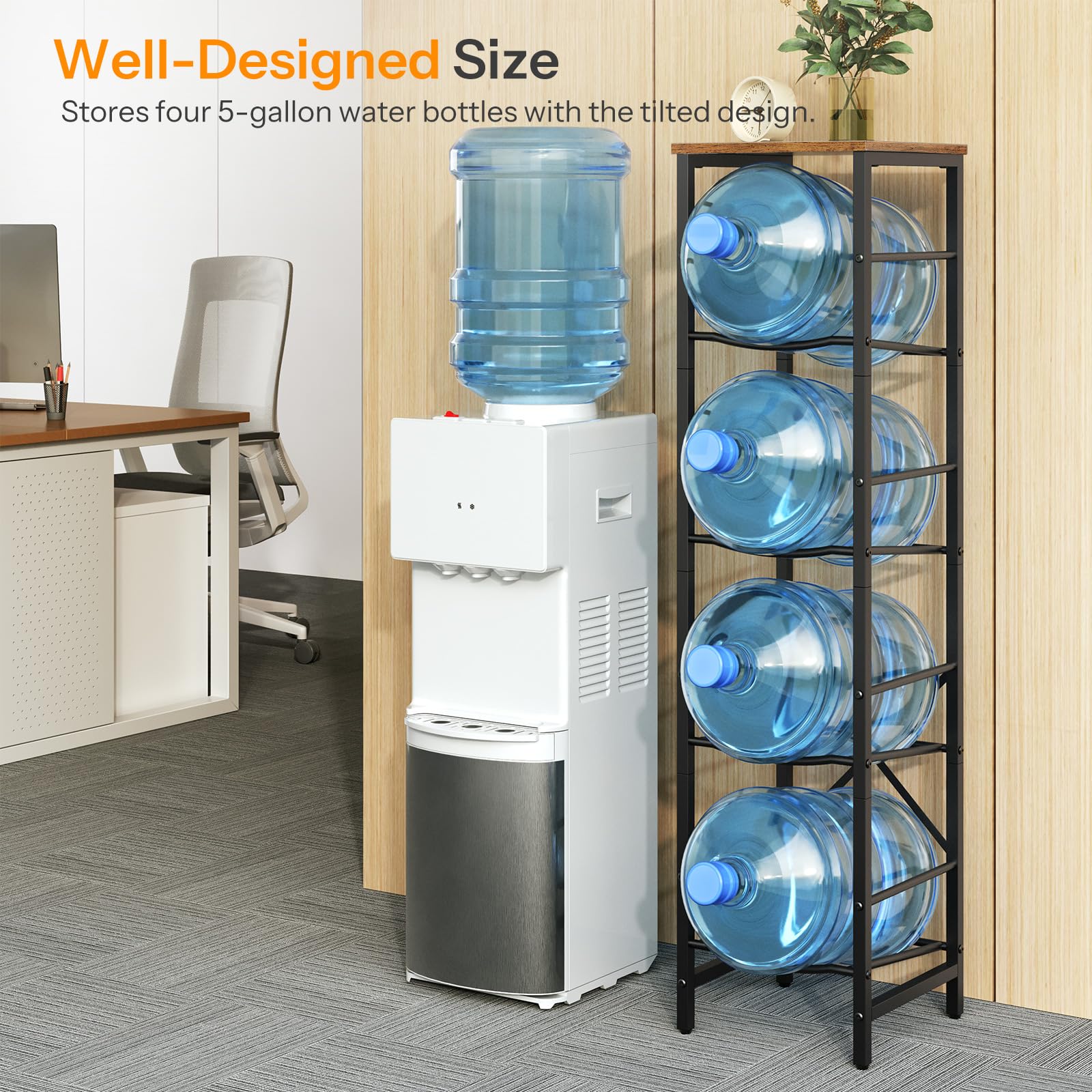 Office water bottle storage rack organizer placed in a breakroom next to a water cooler.