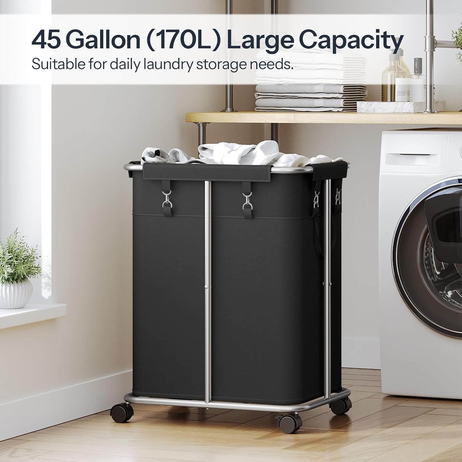 HOOBRO 45 gallon 170L large capacity laundry basket with wheels standing next to a washing machine.
