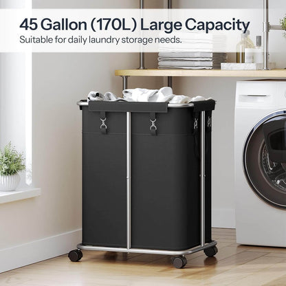 HOOBRO 45 gallon 170L large capacity laundry basket with wheels standing next to a washing machine.