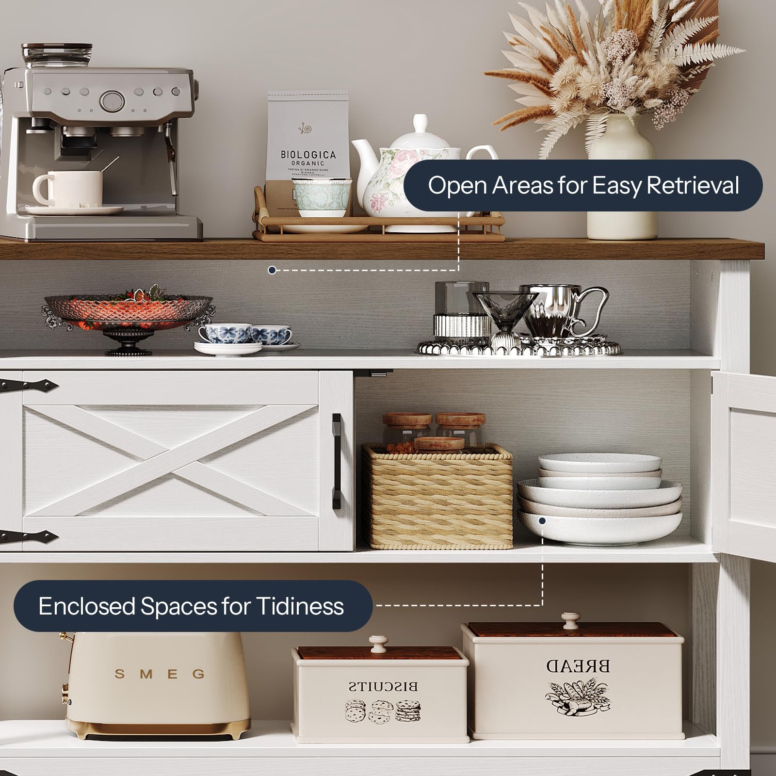 Open accessible top shelving section under the wooden tabletop for quick daily reach