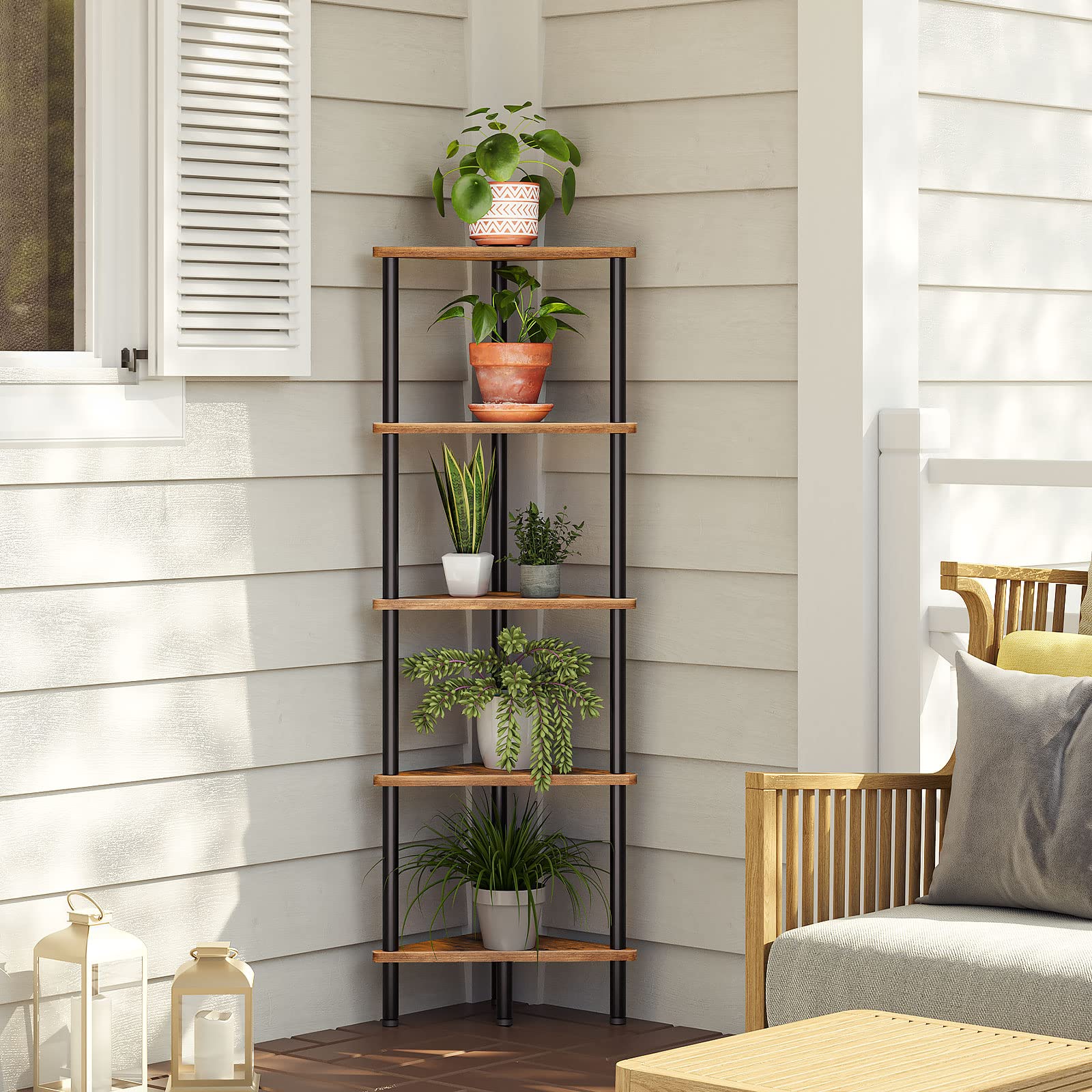 Weatherproof industrial corner plant stand shelf styled with potted flowers on an outdoor patio.