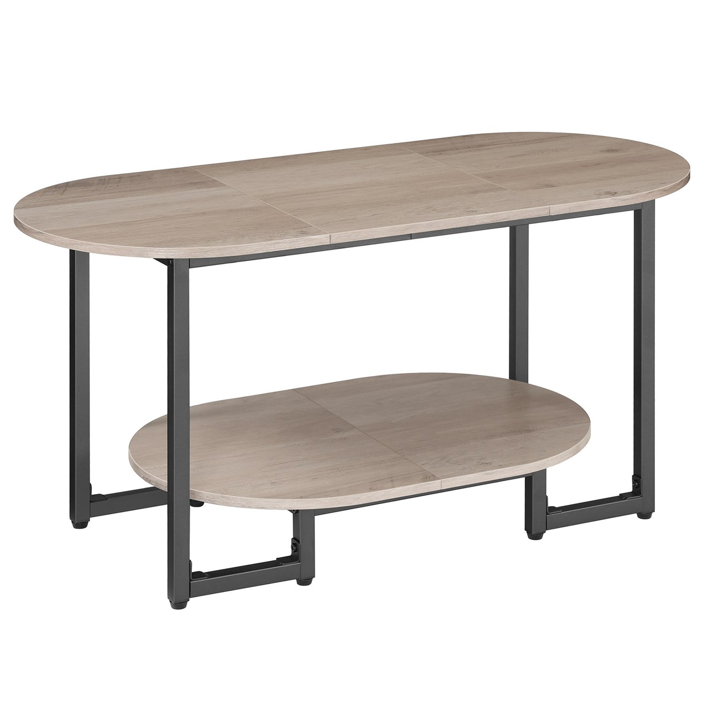 Isolated front view of the empty oval central sofa table showing the dual-level storage layout.