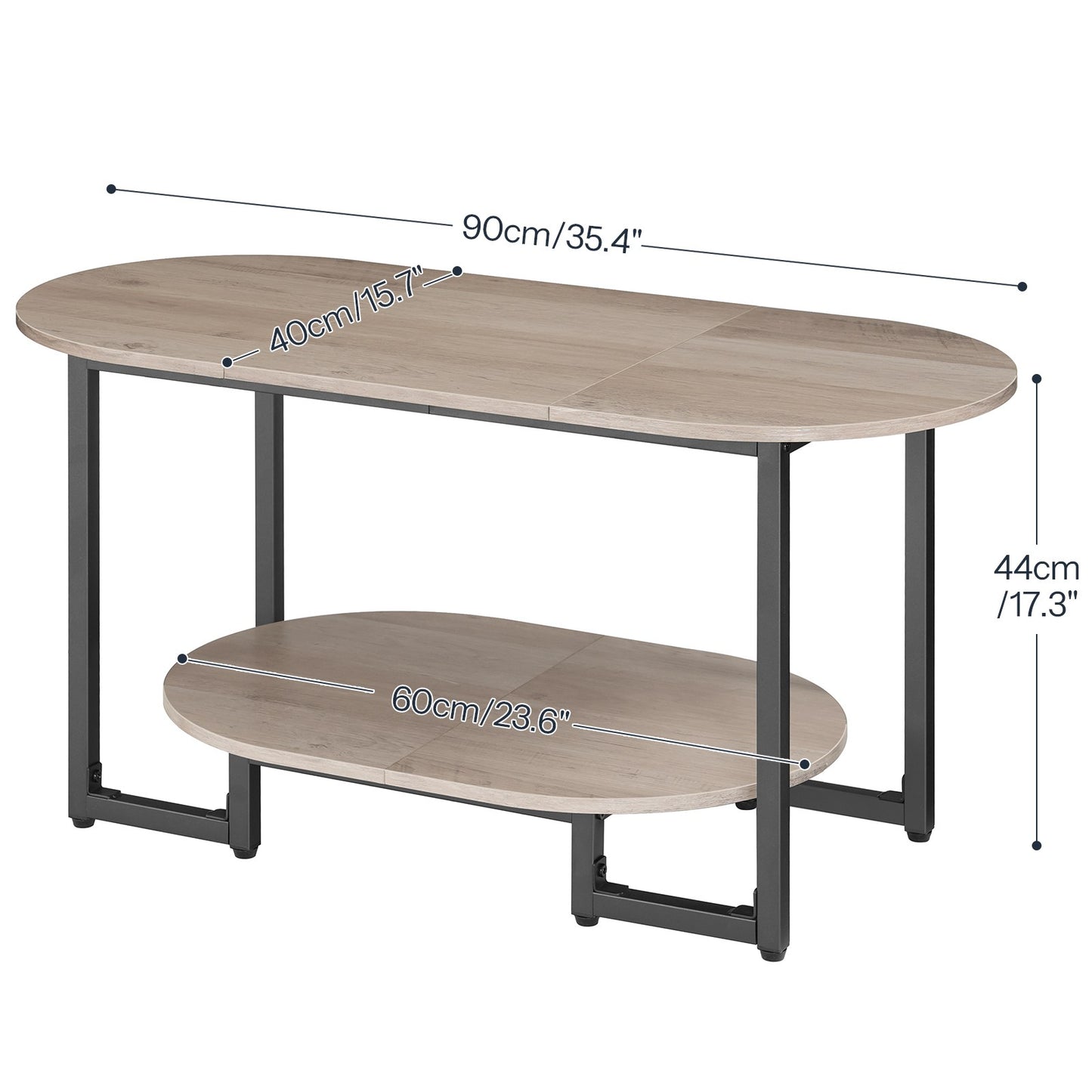 Size dimensions chart for the oval wooden cocktail tea table showing length, width, and height.