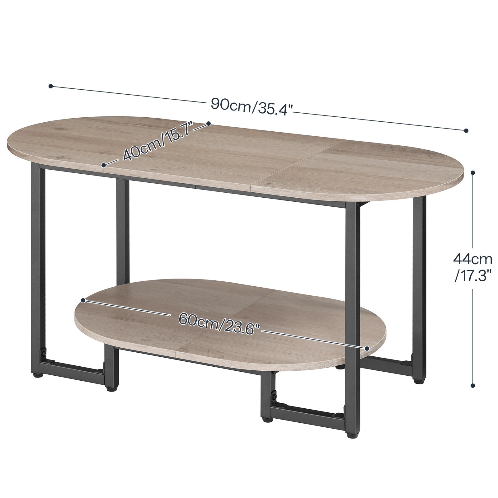 Size dimensions chart for the oval wooden cocktail tea table showing length, width, and height.