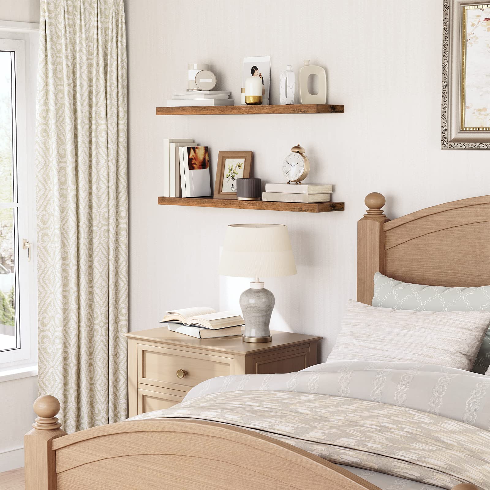 Over-the-toilet bathroom floating shelves organizing towels and toiletries elegantly.
