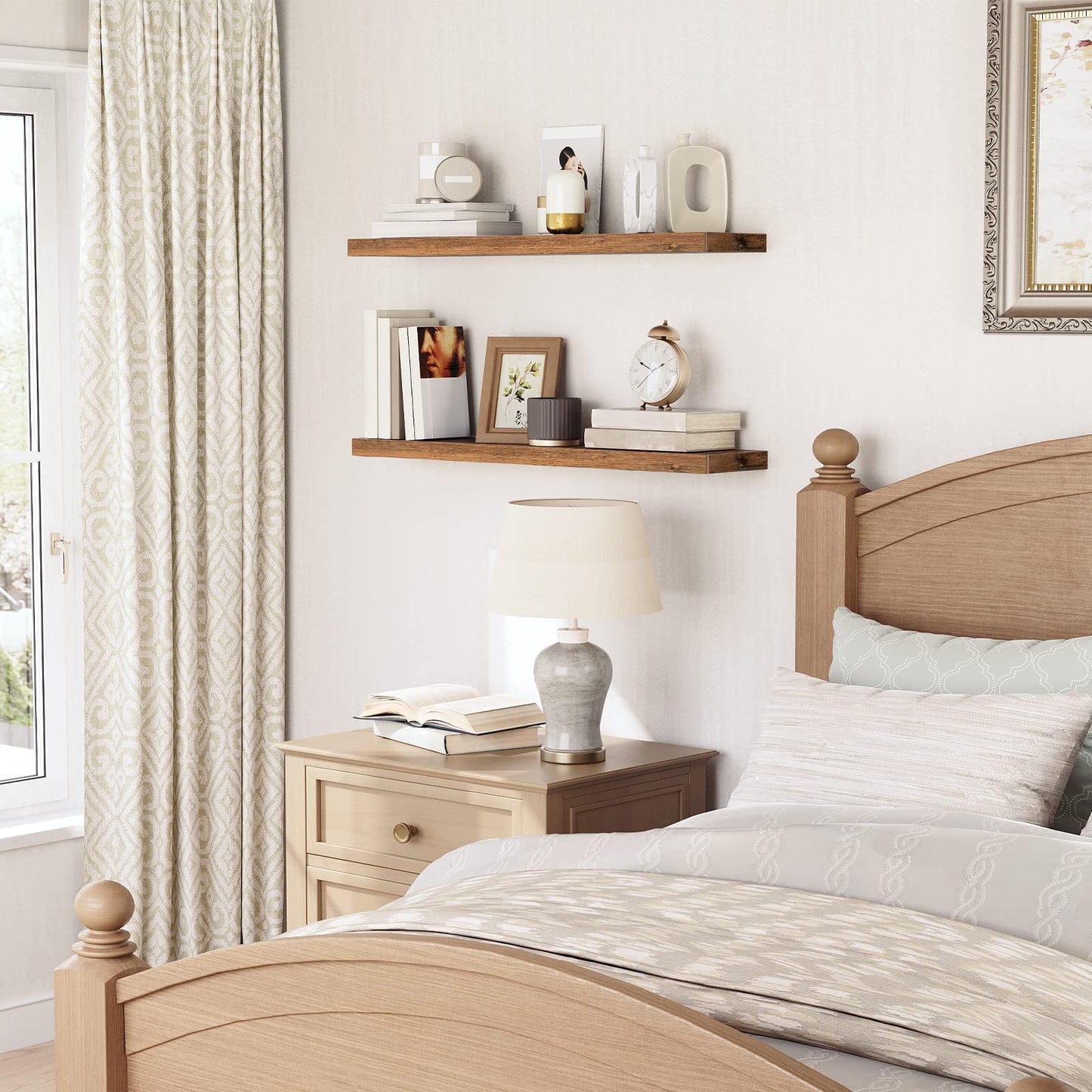 Over-the-toilet bathroom floating shelves organizing towels and toiletries elegantly.