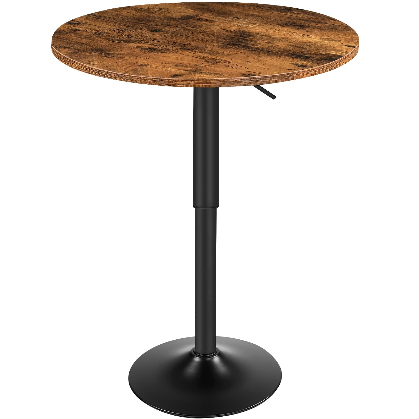 Pneumatic adjustable height pub table with a rustic brown wood top and black pedestal metal frame.