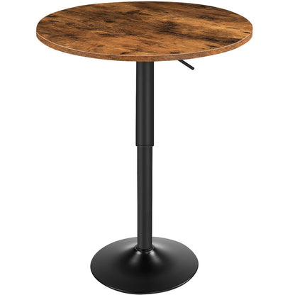 Pneumatic adjustable height pub table with a rustic brown wood top and black pedestal metal frame.