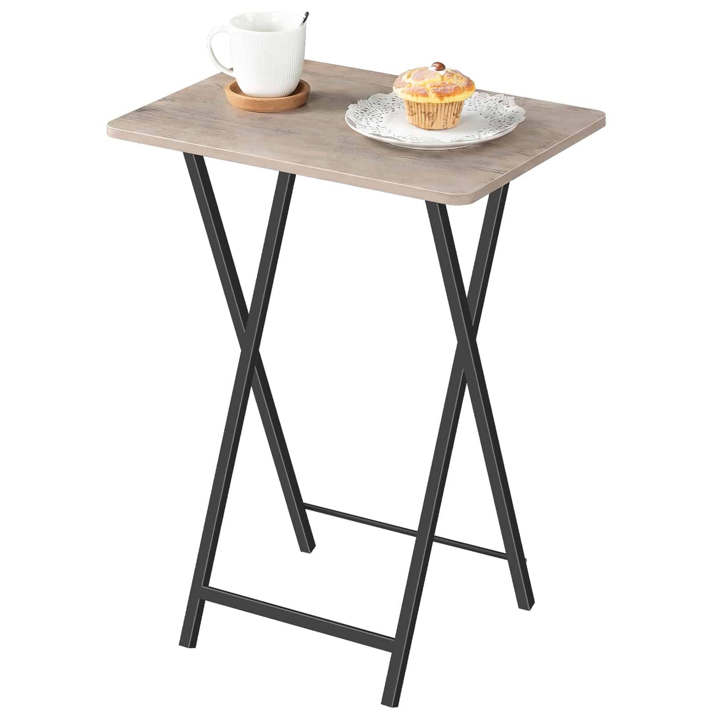 Studio shot of an open portable folding TV tray table featuring a rustic grey wood top and black X-shaped metal frame.