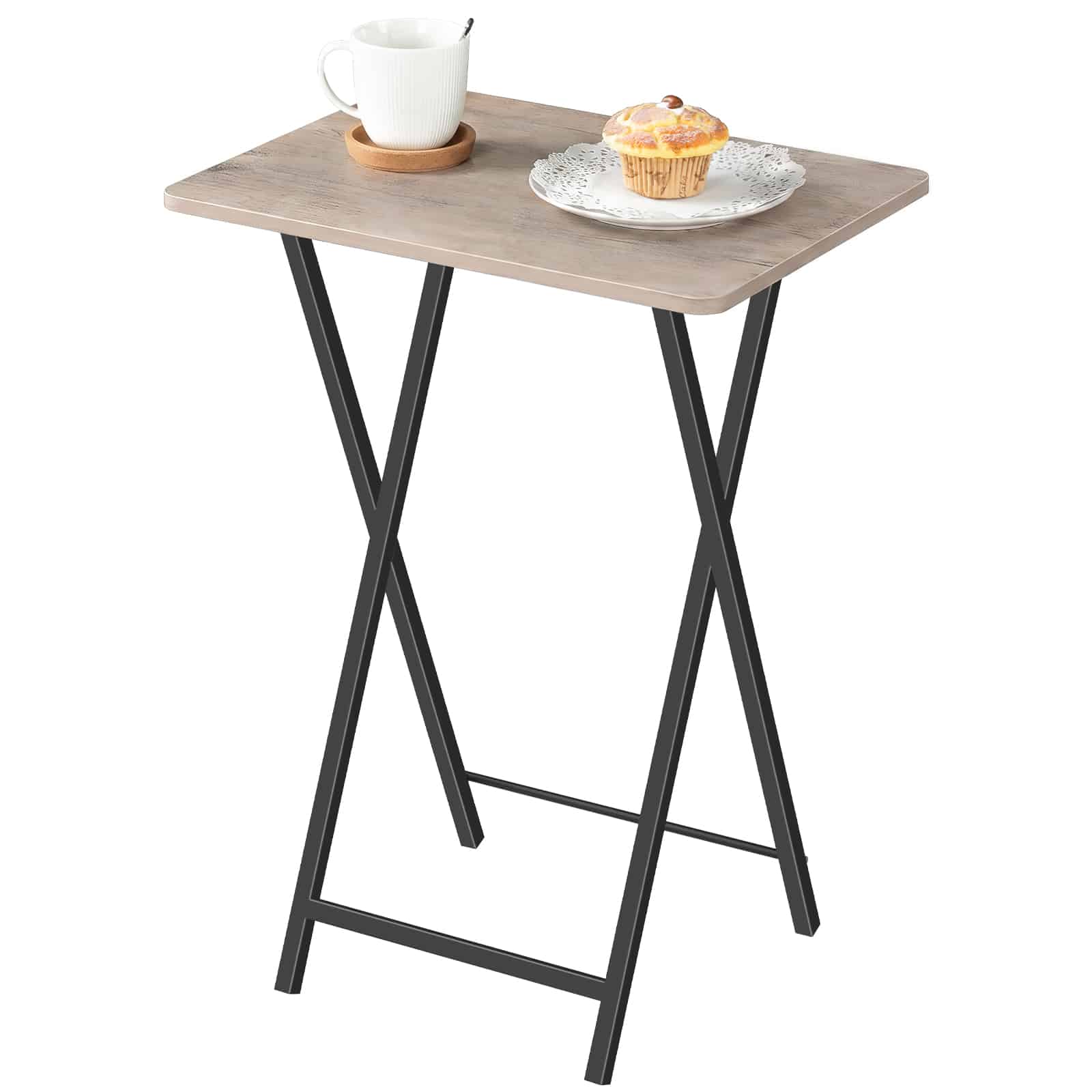 Studio shot of an open portable folding TV tray table featuring a rustic grey wood top and black X-shaped metal frame.