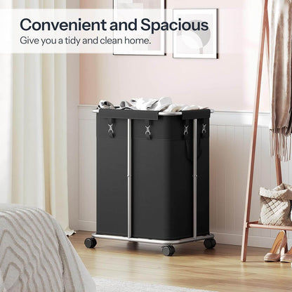 Portable rolling laundry hamper used as an elegant clothes organizer in a bright modern bedroom.