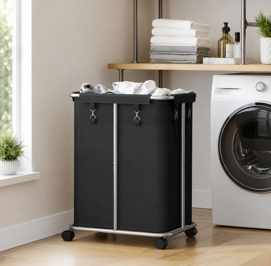 Black laundry cart with clothes in a laundry room next to a washing machine.