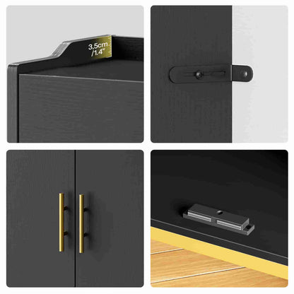 Multi-panel detail view showing the gold door handles, premium hinges, and the safety anti-tipping kit wall mount.