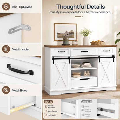  Multi-panel detail infographic highlighting the 110-degree door hinges, vintage black metal handles, and smooth dual-rail drawer slides.