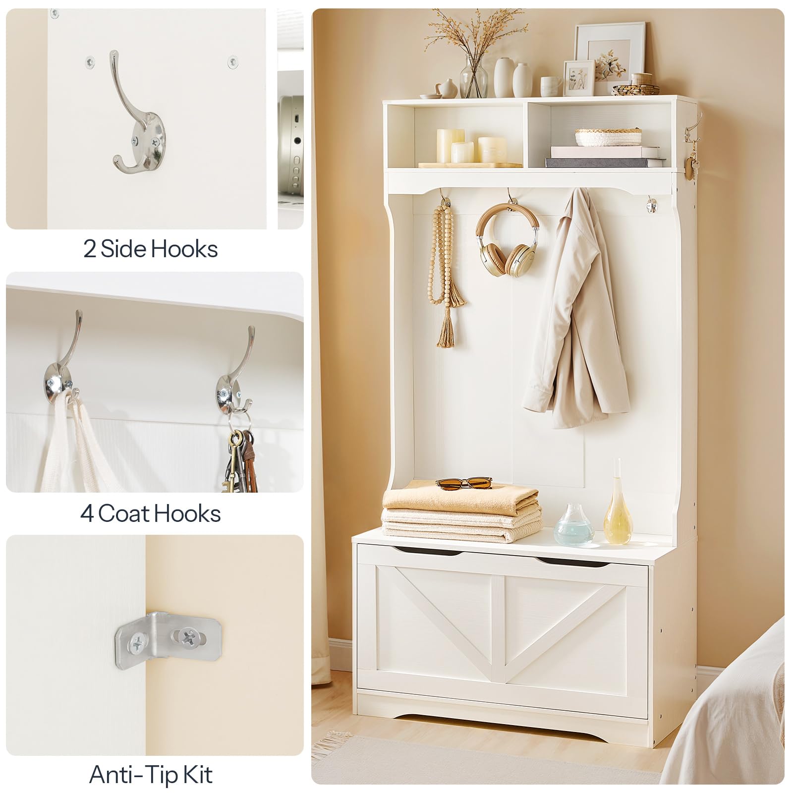 Three panel close up demonstrating the premium metal hinges, side hardware hangers, and door alignment parts.