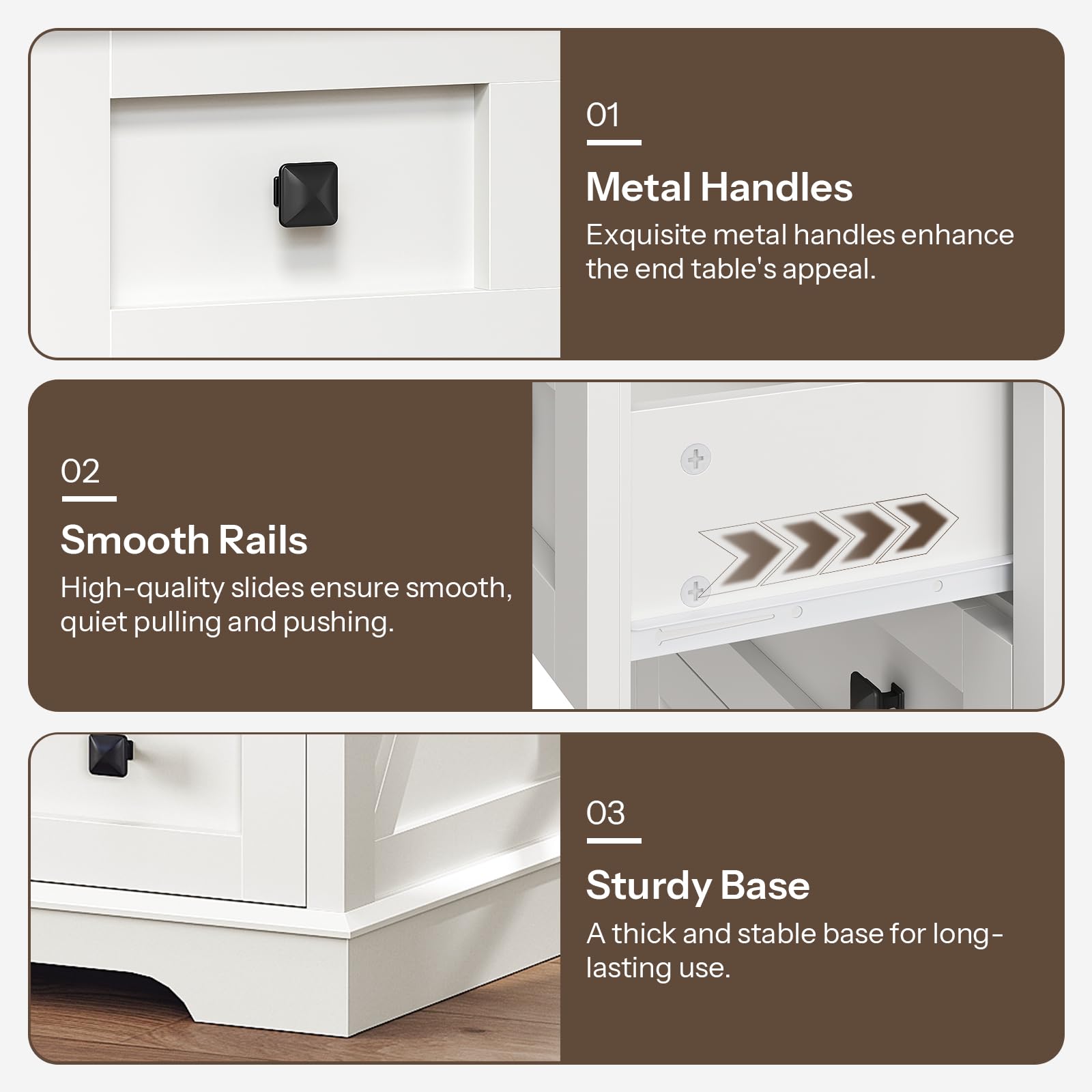 Hardware details of the white cabinet including premium matte black metal knobs, smooth rails, and a sturdy base.