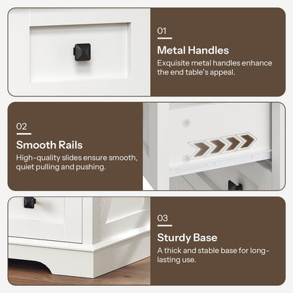 Hardware details of the white cabinet including premium matte black metal knobs, smooth rails, and a sturdy base.