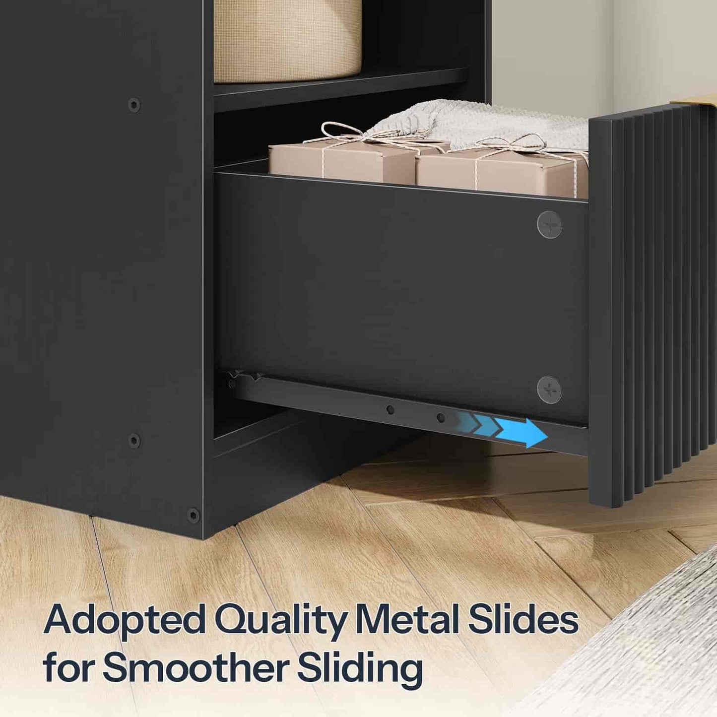 Black storage cabinet with open drawer on a wooden floor, highlighting quality metal slides.