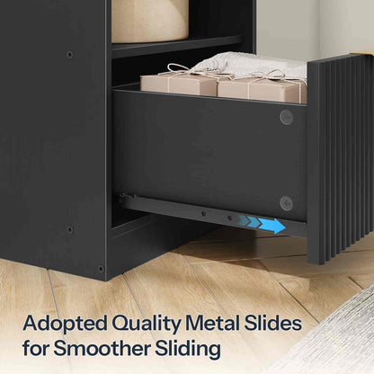 Black storage cabinet with open drawer on a wooden floor, highlighting quality metal slides.