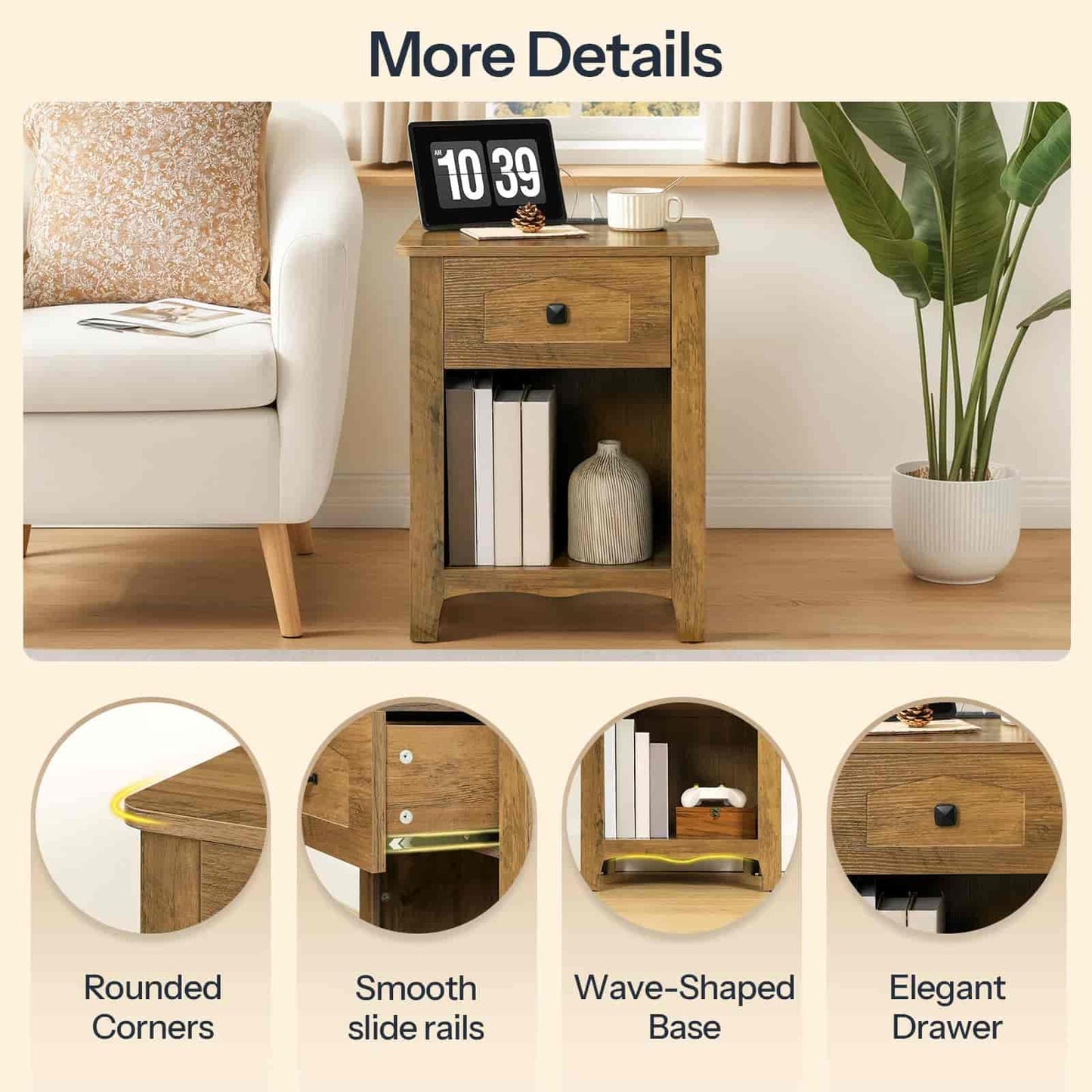 Wooden side table with rounded corners, smooth slide rails, wave-shaped base, and elegant drawer in a living room setting.