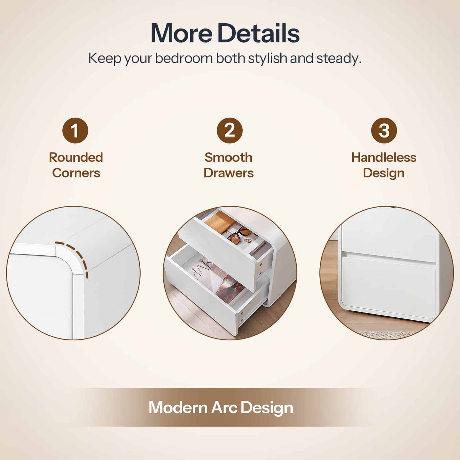 Product features with rounded corners, smooth drawers, and handleless design on a beige background.